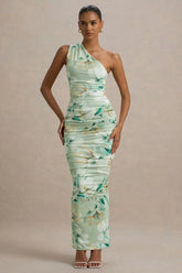 Dalarie | Green Floral Print One-Shoulder Gathered Maxi Dress