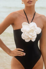 Daisy Delight | Black & White Halter-Neck Swimsuit With Corsage