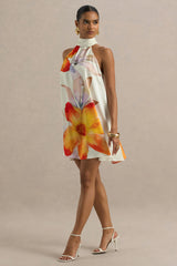 Evita | Orange Floral High-Neck Satin Mini Dress