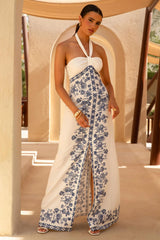 Arula | White & Blue Print Halter-Neck Maxi Dress