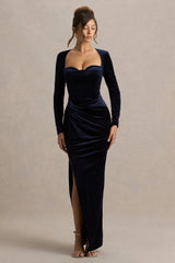 Fay | Navy Velvet Corset Style Knot Maxi Dress