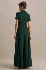 Alea | Dark Green High-Neck Short-Sleeve Maxi Dress