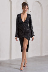 Amber | Black Sequin Plunge Wrap Midi Dress
