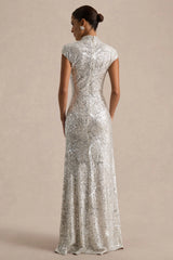 Cecy | Silver Sequin High-Neck Maxi Dress With Cap Sleeves