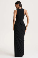 Desiree | Black Plunge-Neck Maxi Dress With Draped Detailing