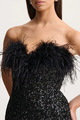 Daze | Black Sequin Bandeau Maxi Dress With Feather-Trim