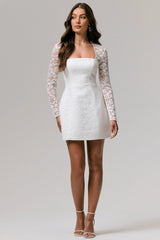 Bijou | White Square-Neck Lace Long-Sleeve Mini Dress