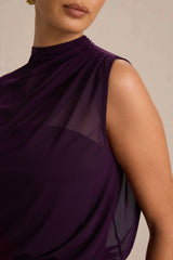Aurelia | Dark Plum High-Neck Wrapped Maxi Dress With One-Cape Sleeve