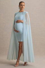 Charlene | Powder Blue High-Neck Maternity Mini Dress With Mesh Cape