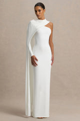 Dawn | Cream High-Neck Maxi Dress With One Long Cape-Sleeve