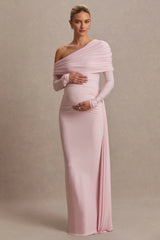 Amara | Blush Pink Asymmetric-Neck Maternity Maxi Dress With Sash Detail