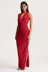 Cairo | Red Cowl-Neck Maxi Dress With Gathered Detailing
