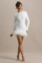 Claudia | White Sequin High Neck Feather Hem Mini Dress With Long Sleeves