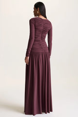 Aniyah | Burgundy Slashed-Neck Maxi Dress With Ruched Detailing
