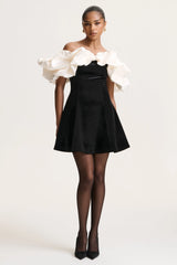 Brynne | Black & Cream Velvet Mini Dress With Satin Puff Sleeves
