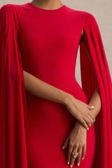Briony | Red Crew-Neck Maxi Dress With Cape Sleeves