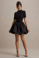 Blake | Black Short-Sleeve Mini Dress With Satin Puffball Skirt