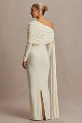 Cyra | Cream Asymmetric-Neck Maternity Maxi Dress With Sash
