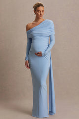 Amara | Powder Blue Asymmetric-Neck Maternity Maxi Dress With Sash Detail