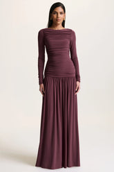 Aniyah | Burgundy Slashed-Neck Maxi Dress With Ruched Detailing