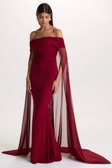 Carlotta | Berry Bardot Maxi Dress With Chiffon Cape