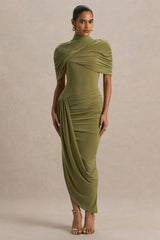 Enchant | Olive Asymmetric Twisted Cape Midi Dress