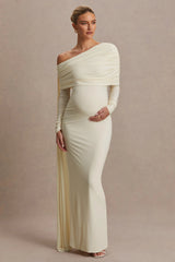 Cyra | Cream Asymmetric-Neck Maternity Maxi Dress With Sash