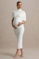 Augustina | White Maternity Midi Dress With Cape