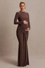 Aveny | Brown Crew-Neck Maternity Maxi Dress With Ruched-Detailing And Sash