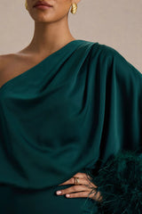 Felicity | Teal Satin Asymmetric-Neck Maxi Dress With Feather Detailing