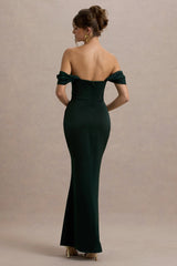 Annie | Bottle Green Satin Bardot Maxi Dress With Split Wrap Skirt