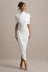 Enchant | White Asymmetric Twisted Cape Midi Dress