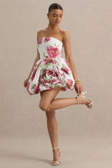 Adira | Cream Floral Print Bandeau Puffball Mini Dress With Ruffle Detail