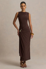 Fiora | Brown Wide-Neck Maxi Dress With Gathered Detail