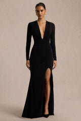 Command | Black Plunge-Neck Maxi Dress With Front-High Split