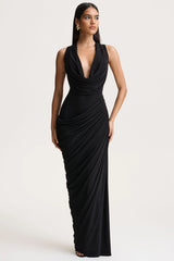 Desiree | Black Plunge-Neck Maxi Dress With Draped Detailing