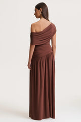 Emberly | Brown Draped Asymmetric-Neck Maxi Dress With Drop-Waist