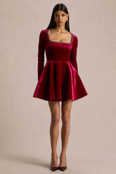 Beloved | Red Velvet Hand-Embellished Square-Neck Mini Dress