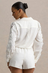 Coconut | Ecru Linen Button-Up Shirt With Lace Detail