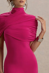 Cecille | Hot Pink Midi Dress With Cape Sleeve Detail