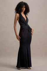 Amazonie | Black Plunge-Neck Twisted Maxi Dress With Mesh Panels