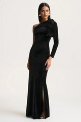 Farryn | Black Asymmetric-Neck Maxi Dress With Bow Detail