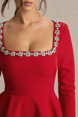 Astonish | Red Long-Sleeve Embellished Square-Neck Mini Dress With Volume Skirt