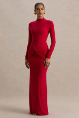 Alula | Red High-Neck Maxi Dress With Twist Detail