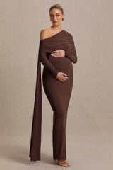 Cyra | Brown Bardot-Neck Maternity Maxi Dress With Sash