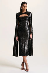 Adeline | Black Sequin Crew-Neck Midi Dress With Cape Sleeves