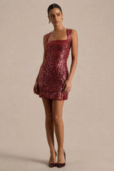 Elettra | Burgundy Sequin Square-Neck Mini Dress
