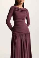 Aniyah | Burgundy Slashed-Neck Maxi Dress With Ruched Detailing