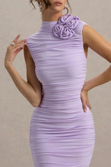 Bridget | Lilac High-Neck Gathered Midi Dress With Floral Detail