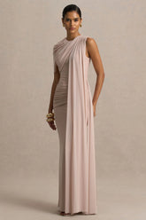 Brenda | Champagne Crew-Neck Maxi Dress With Mesh Cape And Sash